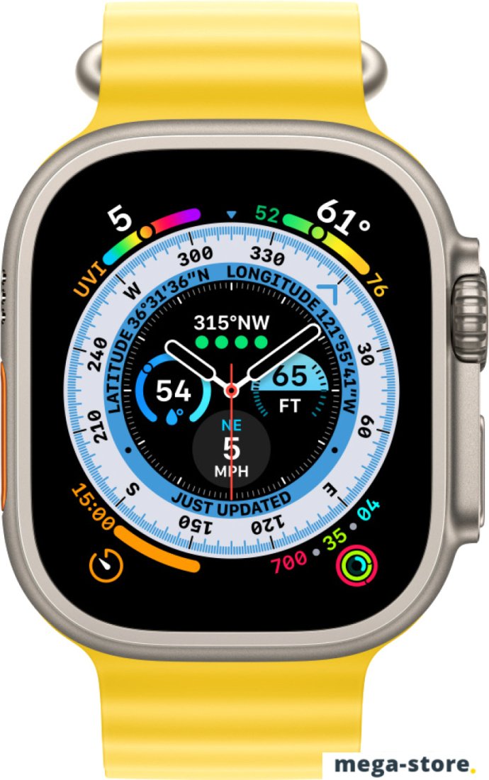 Профессиональные умные часы Apple Watch Ultra LTE 49 мм (титановый корпус, титановый/желтый, ремешок из эластомера)