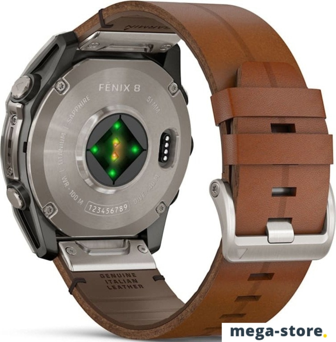 Умные часы Garmin Fenix 8 Sapphire 51мм (титановый, каштановый кожаный ремешок)