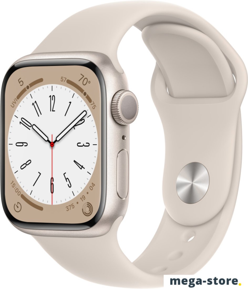 Умные часы Apple Watch Series 8 41 мм (алюминиевый корпус, звездный свет/звездный свет, спортивный силиконовый ремешок M/L)