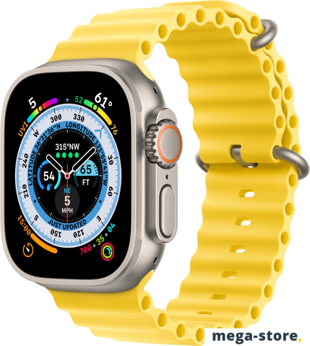 Профессиональные умные часы Apple Watch Ultra LTE 49 мм (титановый корпус, титановый/желтый, ремешок из эластомера)