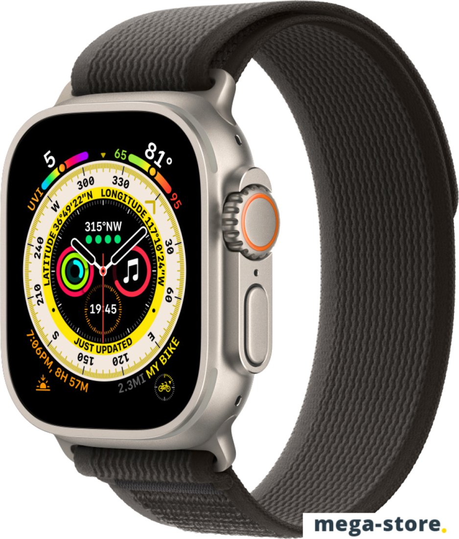 Профессиональные умные часы Apple Watch Ultra LTE 49 мм (титановый корпус, титановый/черно-серый, нейлоновый ремешок размера M/L)