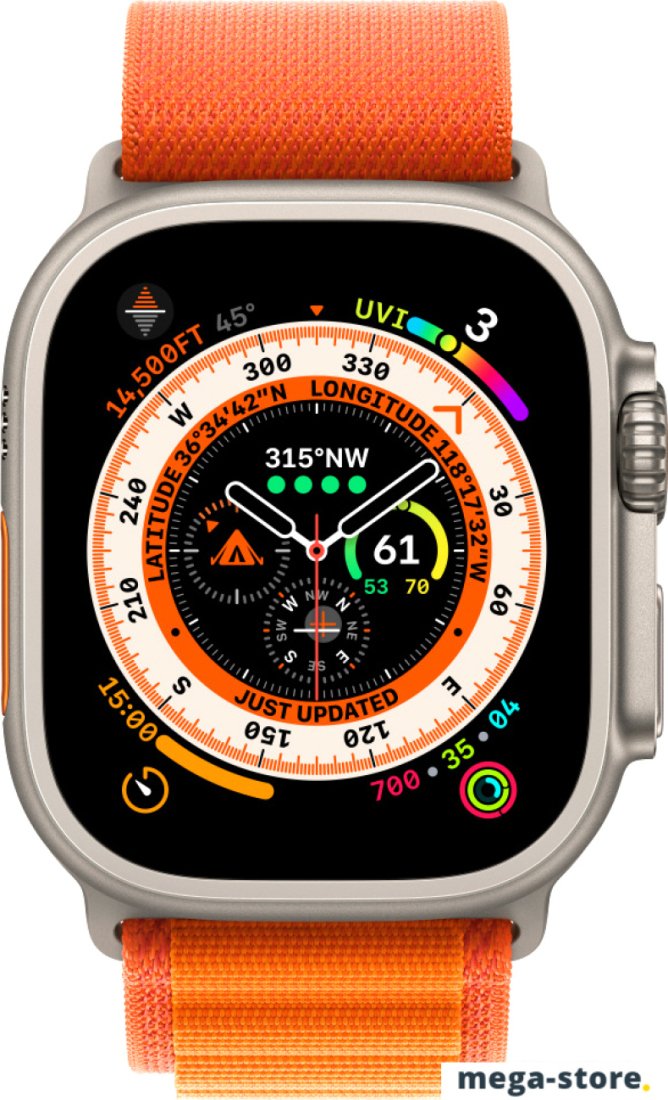Профессиональные умные часы Apple Watch Ultra LTE 49 мм (титановый корпус, титановый/оранжевый, текстильный ремешок размера S)