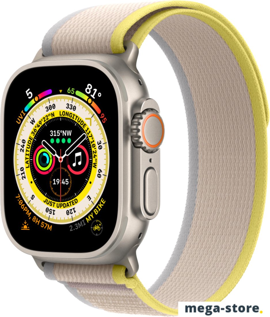 Профессиональные умные часы Apple Watch Ultra LTE 49 мм (титановый корпус, титановый/желто-бежевый, нейлоновый ремешок размера S/M)