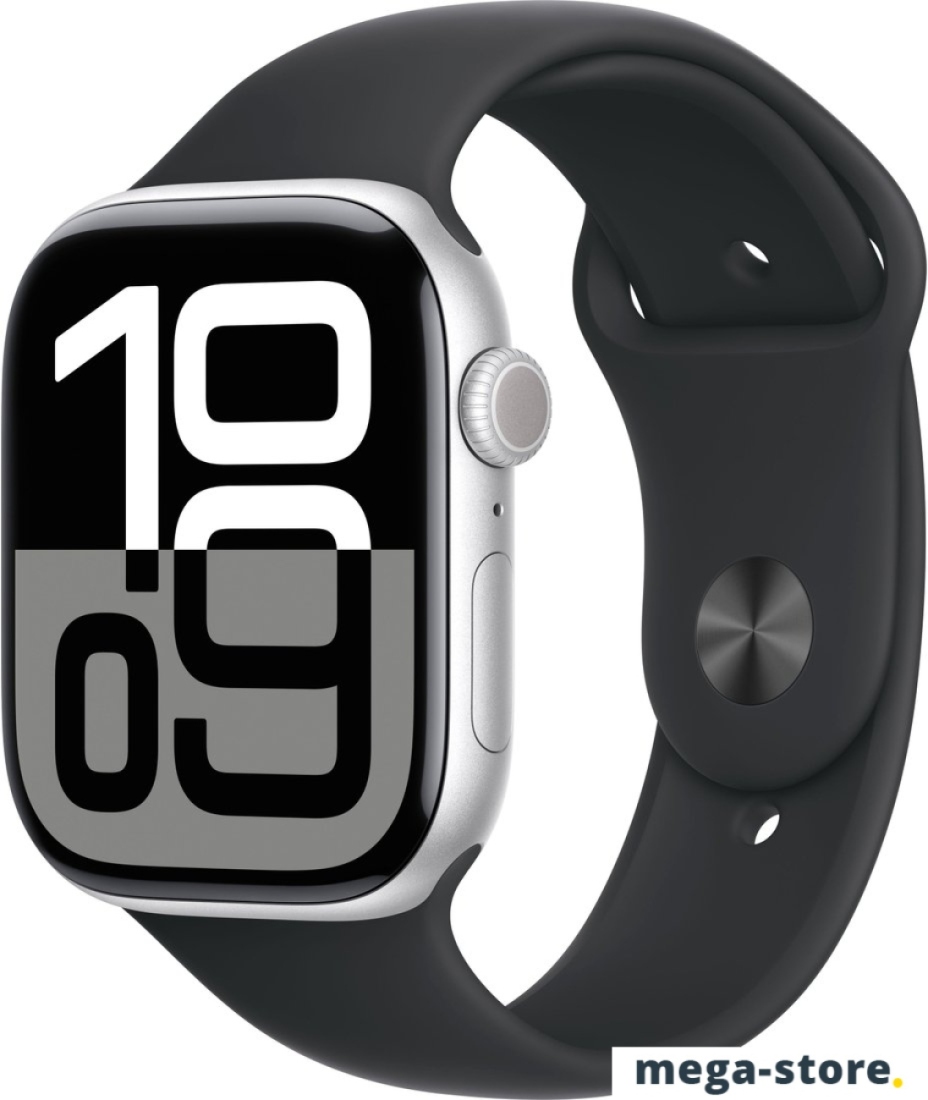 Умные часы Apple Watch Series 10 46 мм (алюминиевый корпус, серебристый/черный, спортивный силиконовый ремешок S/M)