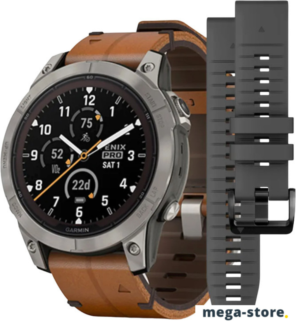 Умные часы Garmin Fenix 7 Pro Sapphire Solar (титан/каштановый, с кожаным и силиконовым ремешками)