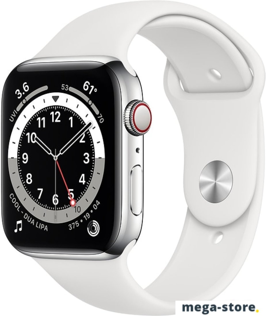 Умные часы Apple Watch Series 6 LTE 44 мм (сталь серебристый/белый спортивный)