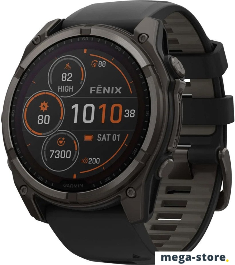 Умные часы Garmin Fenix 8 Solar, Sapphire 51мм (титановый угольно-серый с DLC-покрытием и черным ремешком)