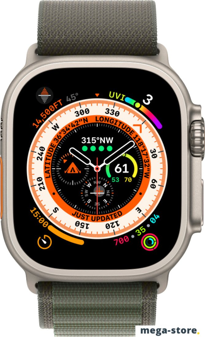 Профессиональные умные часы Apple Watch Ultra LTE 49 мм (титановый корпус, титановый/темно-зеленый, текстильный ремешок размера M)