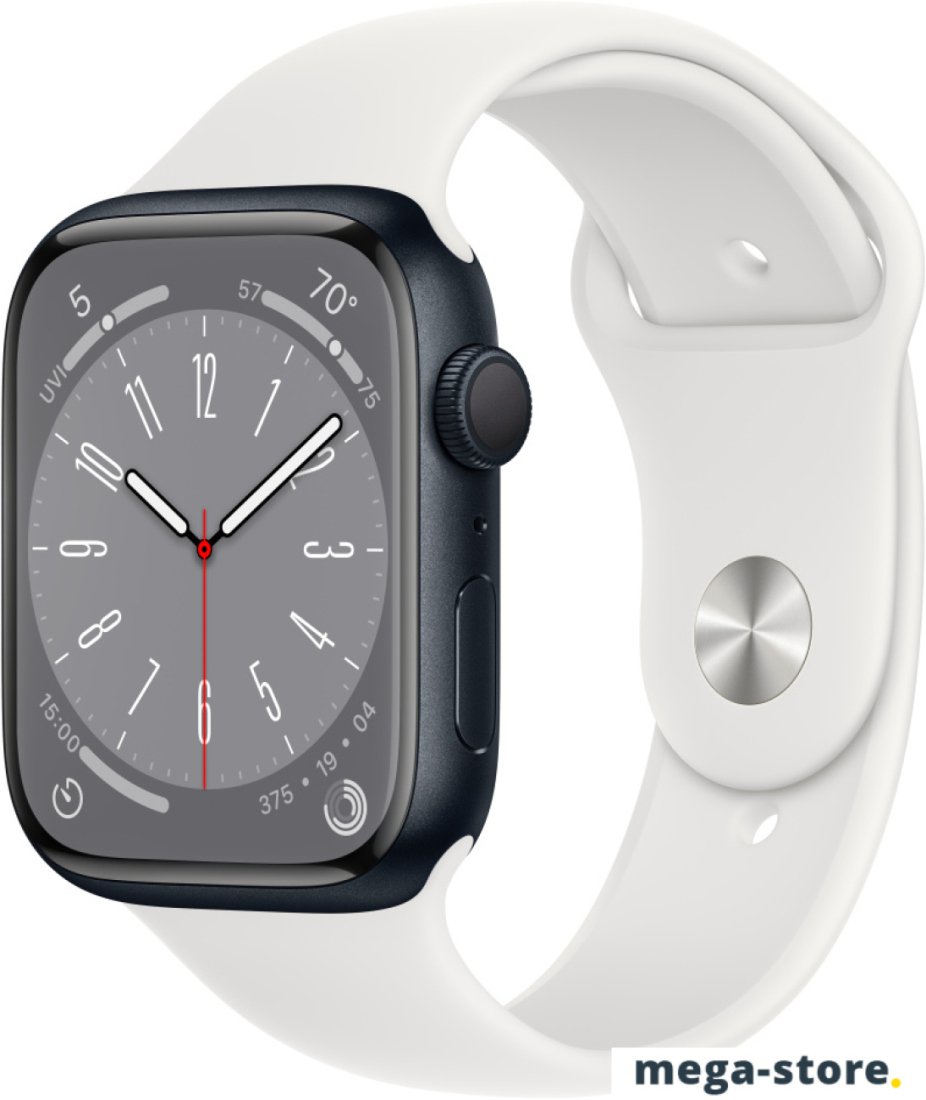 Умные часы Apple Watch Series 8 45 мм (алюминиевый корпус, полуночный/белый, спортивный силиконовый ремешок)