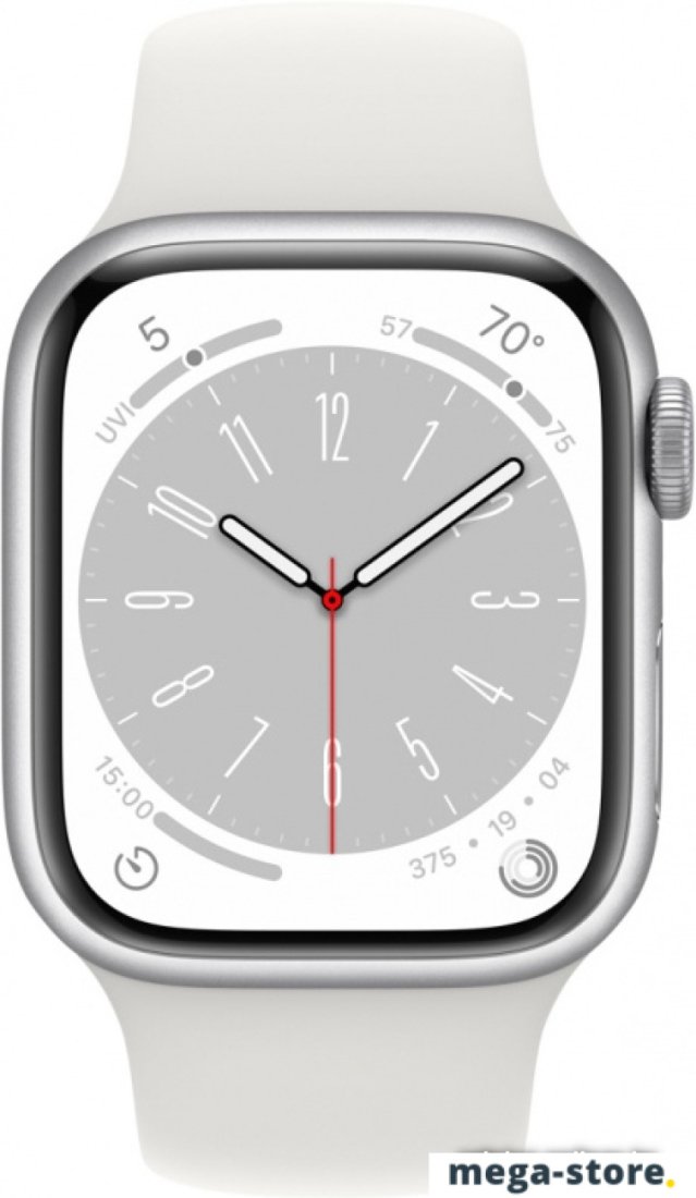 Умные часы Apple Watch Series 8 45 мм (алюминиевый корпус, серебристый/белый, спортивный силиконовый ремешок S/M)