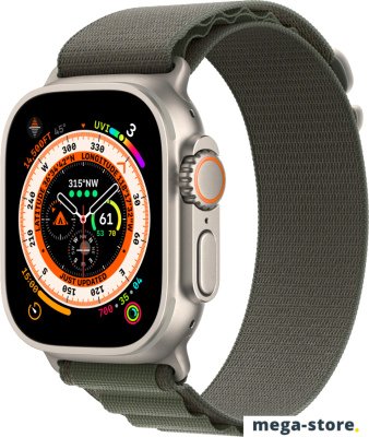 Профессиональные умные часы Apple Watch Ultra LTE 49 мм (титановый корпус, титановый/темно-зеленый, текстильный ремешок размера L)