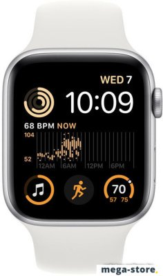 Умные часы Apple Watch SE 2 44 мм (алюминиевый корпус, серебристый/белый, спортивный силиконовый ремешок S/M)