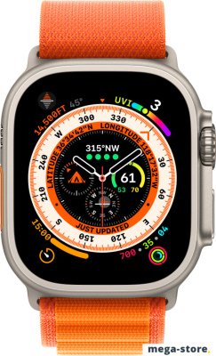 Профессиональные умные часы Apple Watch Ultra LTE 49 мм (титановый корпус, титановый/оранжевый, текстильный ремешок размера L)