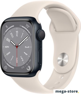 Умные часы Apple Watch Series 8 41 мм (алюминиевый корпус, полуночный/звездный свет, спортивный силиконовый ремешок)