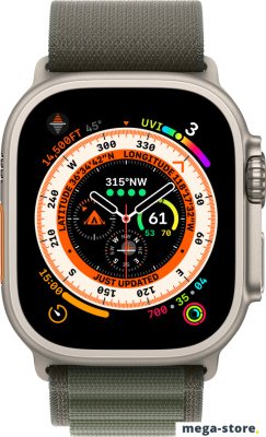 Профессиональные умные часы Apple Watch Ultra LTE 49 мм (титановый корпус, титановый/темно-зеленый, текстильный ремешок размера L)