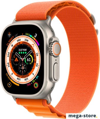 Профессиональные умные часы Apple Watch Ultra LTE 49 мм (титановый корпус, титановый/оранжевый, текстильный ремешок размера S)
