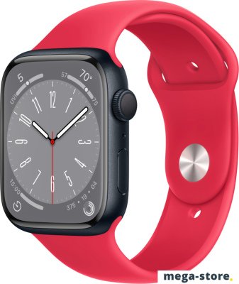 Умные часы Apple Watch Series 8 45 мм (алюминиевый корпус, полуночный/красный, спортивный силиконовый ремешок)