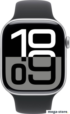 Умные часы Apple Watch Series 10 46 мм (алюминиевый корпус, серебристый/черный, спортивный силиконовый ремешок S/M)