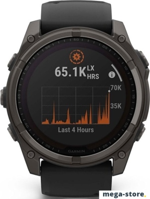Умные часы Garmin Fenix 8 Solar, Sapphire 51мм (титановый угольно-серый с DLC-покрытием и черным ремешком)