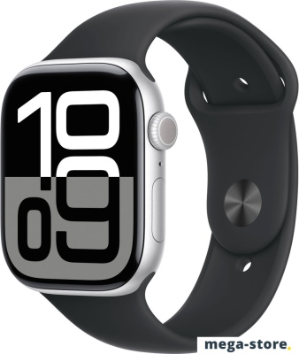 Умные часы Apple Watch Series 10 46 мм (алюминиевый корпус, серебристый/черный, спортивный силиконовый ремешок S/M)