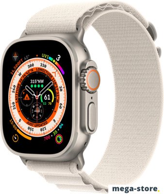 Профессиональные умные часы Apple Watch Ultra LTE 49 мм (титановый корпус, титановый/звездный свет, текстильный ремешок размера M)