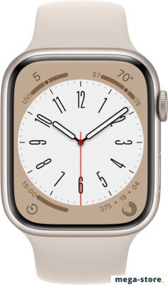 Умные часы Apple Watch Series 8 45 мм (алюминиевый корпус, звездный свет/звездный свет, спортивный силиконовый ремешок S/M)