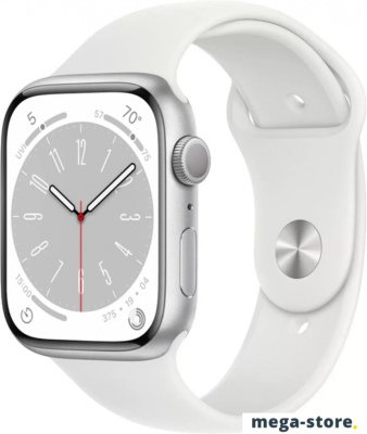 Умные часы Apple Watch Series 8 45 мм (алюминиевый корпус, серебристый/белый, спортивный силиконовый ремешок S/M)