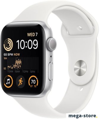 Умные часы Apple Watch SE 2 44 мм (алюминиевый корпус, серебристый/белый, спортивный силиконовый ремешок M/L)