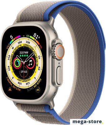 Профессиональные умные часы Apple Watch Ultra LTE 49 мм (титановый корпус, титановый/сине-серый, нейлоновый ремешок размера S/M)