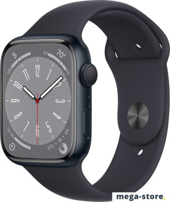 Умные часы Apple Watch Series 8 45 мм (алюминиевый корпус, полуночный/полуночный, спортивный силиконовый ремешок)